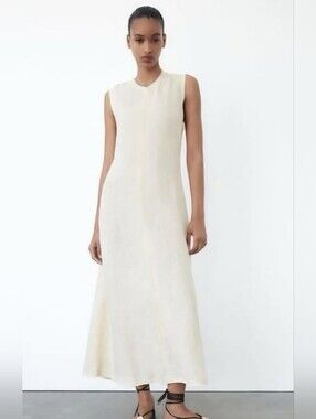 Zara 100% Linedn Ivory Sleevless Maxi Dress S